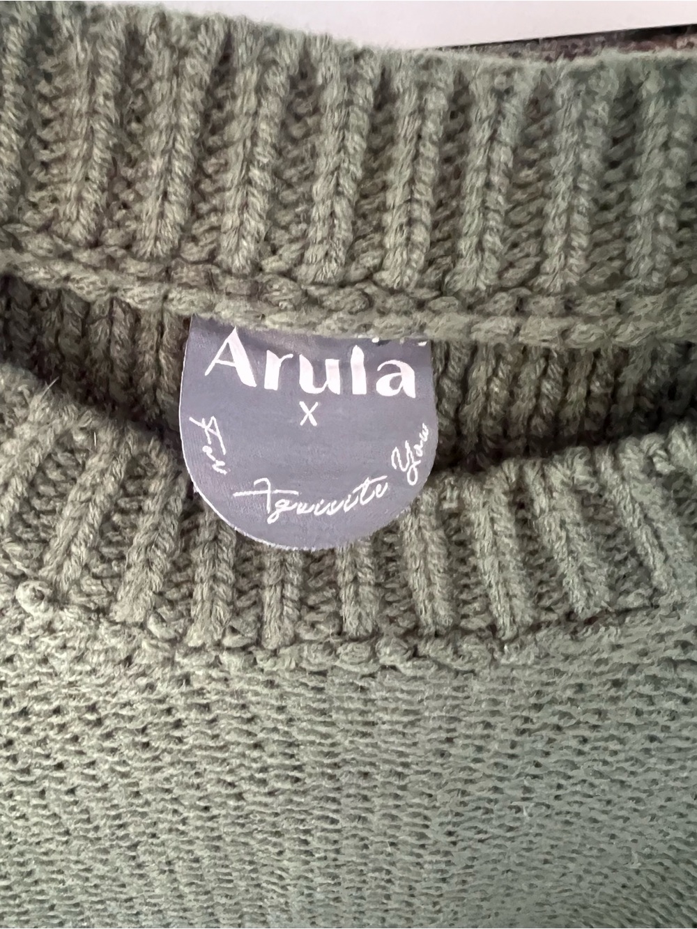 ARULA Olive Green Cable Knit Sleeve Crewneck Sweater - Picture 2 of 3